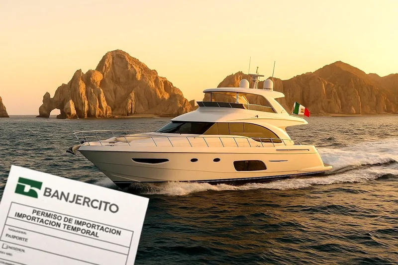 Motor yacht at sunset with boat registration documents Motor yacht at sunset with boat registration documents